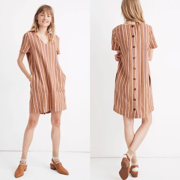 Sz XS Madewell Button-Back Easy Dress In Rainbow Vertical Stripe Linen GUC - Picture 4 of 5